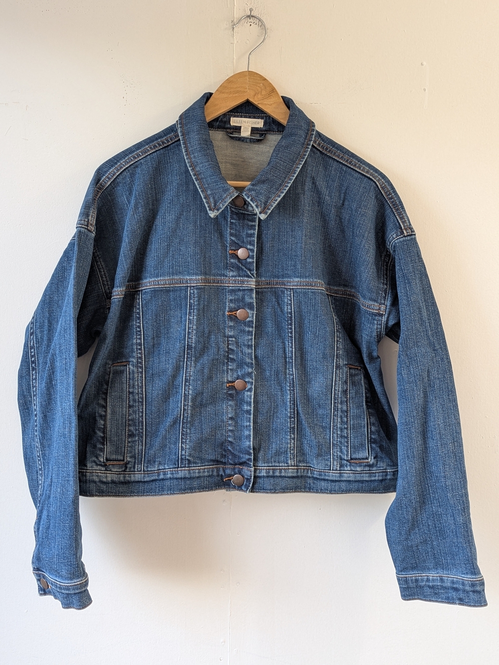Eileen Fisher Factory Sample Cropped Denim Boxy Jacket Aged Indigo Blue Small